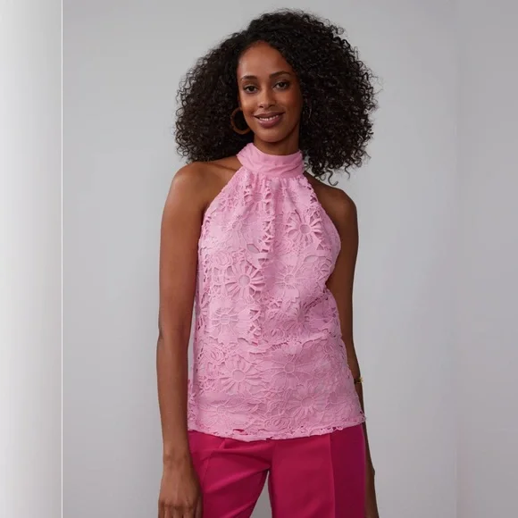 NY&Co Halter Neck Crochet Lace Bow Back Top - size large - NWT - Picture 1 of 12